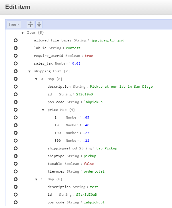 DynamoDB screenshot of an item with Map data type